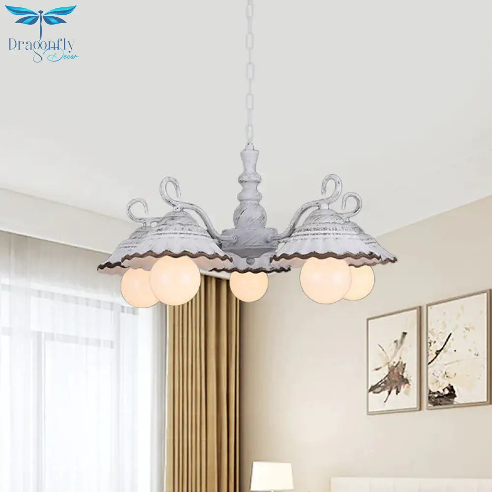 3/5 Bulbs Pendant Chandelier Countryside Scalloped Conic Ceramics Down Lighting In White