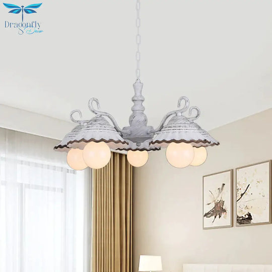 3/5 Bulbs Pendant Chandelier Countryside Scalloped Conic Ceramics Down Lighting In White