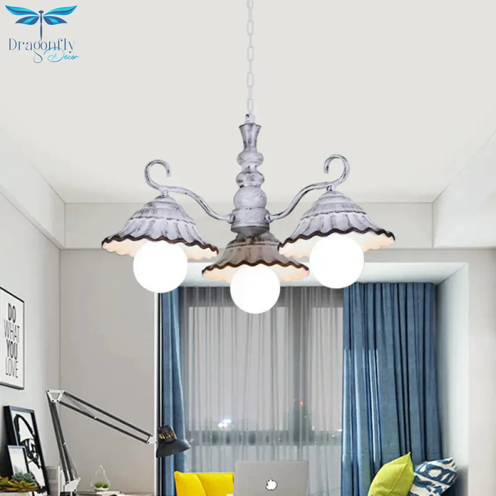 3/5 Bulbs Pendant Chandelier Countryside Scalloped Conic Ceramics Down Lighting In White