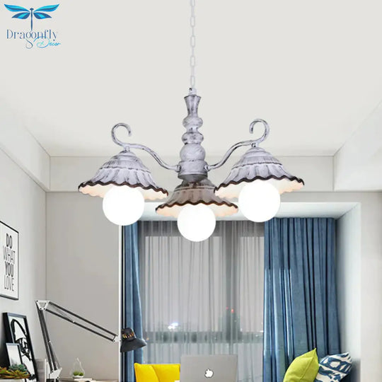 3/5 Bulbs Pendant Chandelier Countryside Scalloped Conic Ceramics Down Lighting In White
