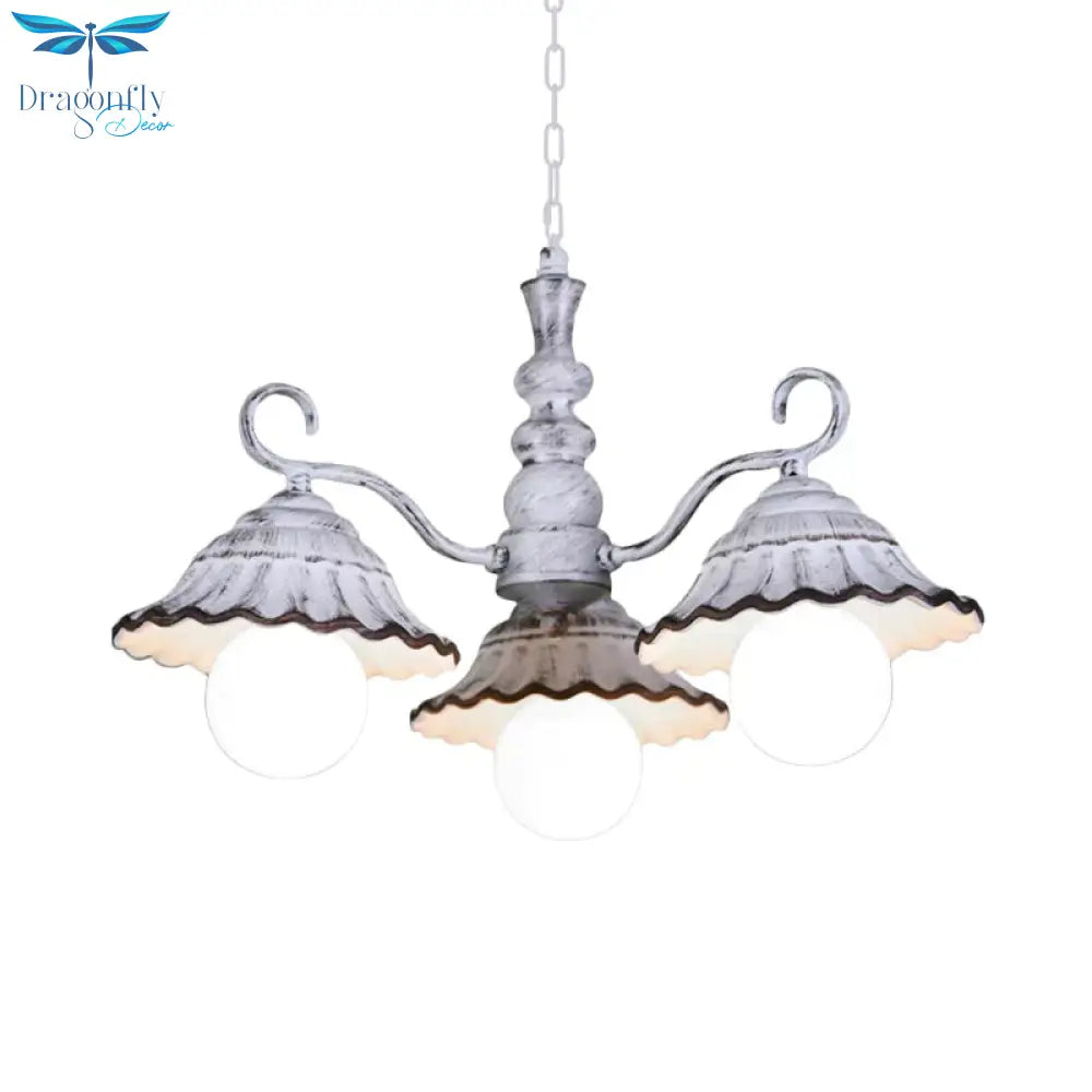 3/5 Bulbs Pendant Chandelier Countryside Scalloped Conic Ceramics Down Lighting In White
