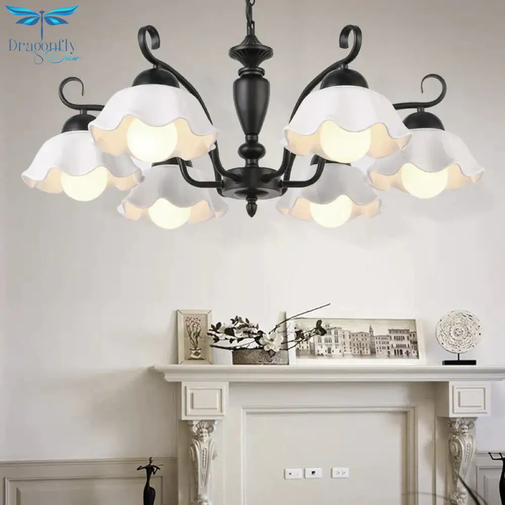 3/6/8 Bulbs Ceiling Lamp With Scalloped Shade Ceramic Traditional Dining Room Chandelier Pendant