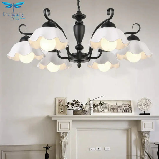 3/6/8 Bulbs Ceiling Lamp With Scalloped Shade Ceramic Traditional Dining Room Chandelier Pendant
