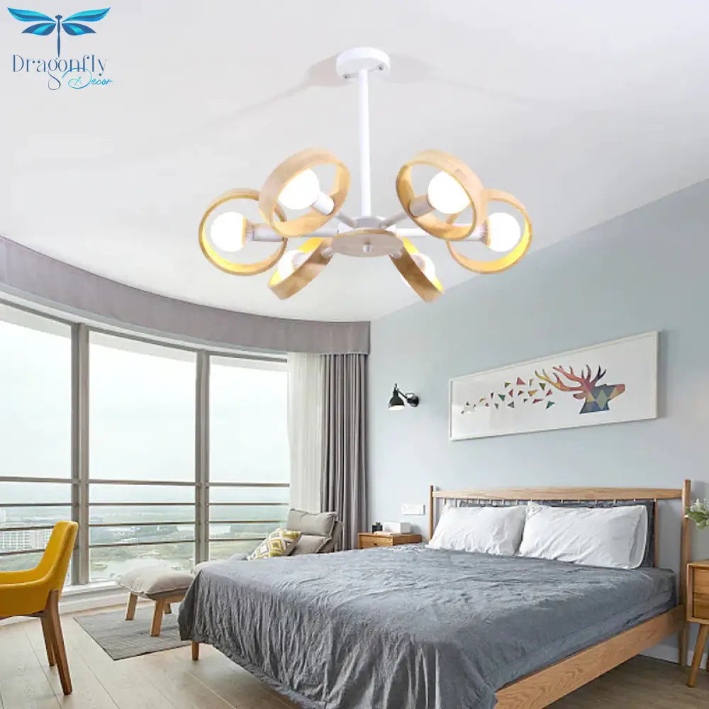 3/6/8 Heads Round Chandelier Light Contemporary Wood Hanging Ceiling In Black/White For Living Room