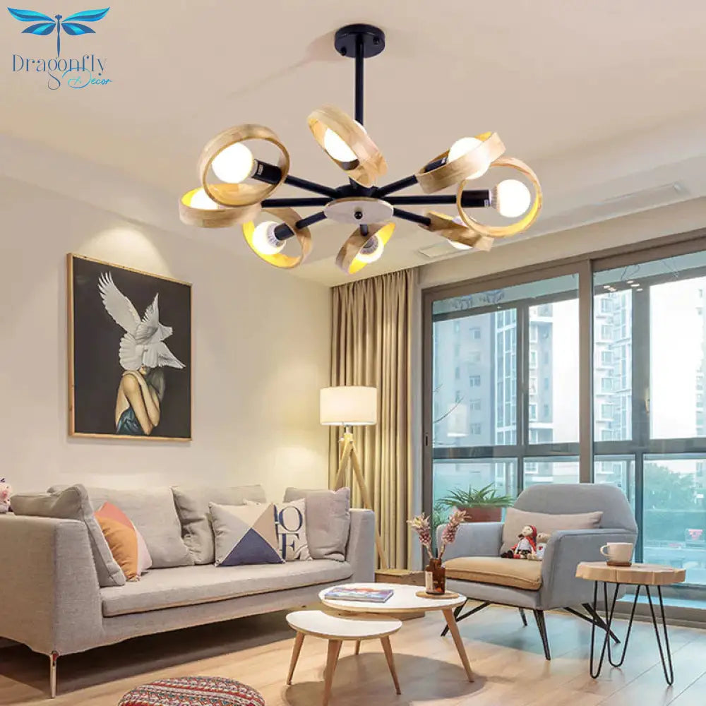 3/6/8 Heads Round Chandelier Light Contemporary Wood Hanging Ceiling In Black/White For Living Room