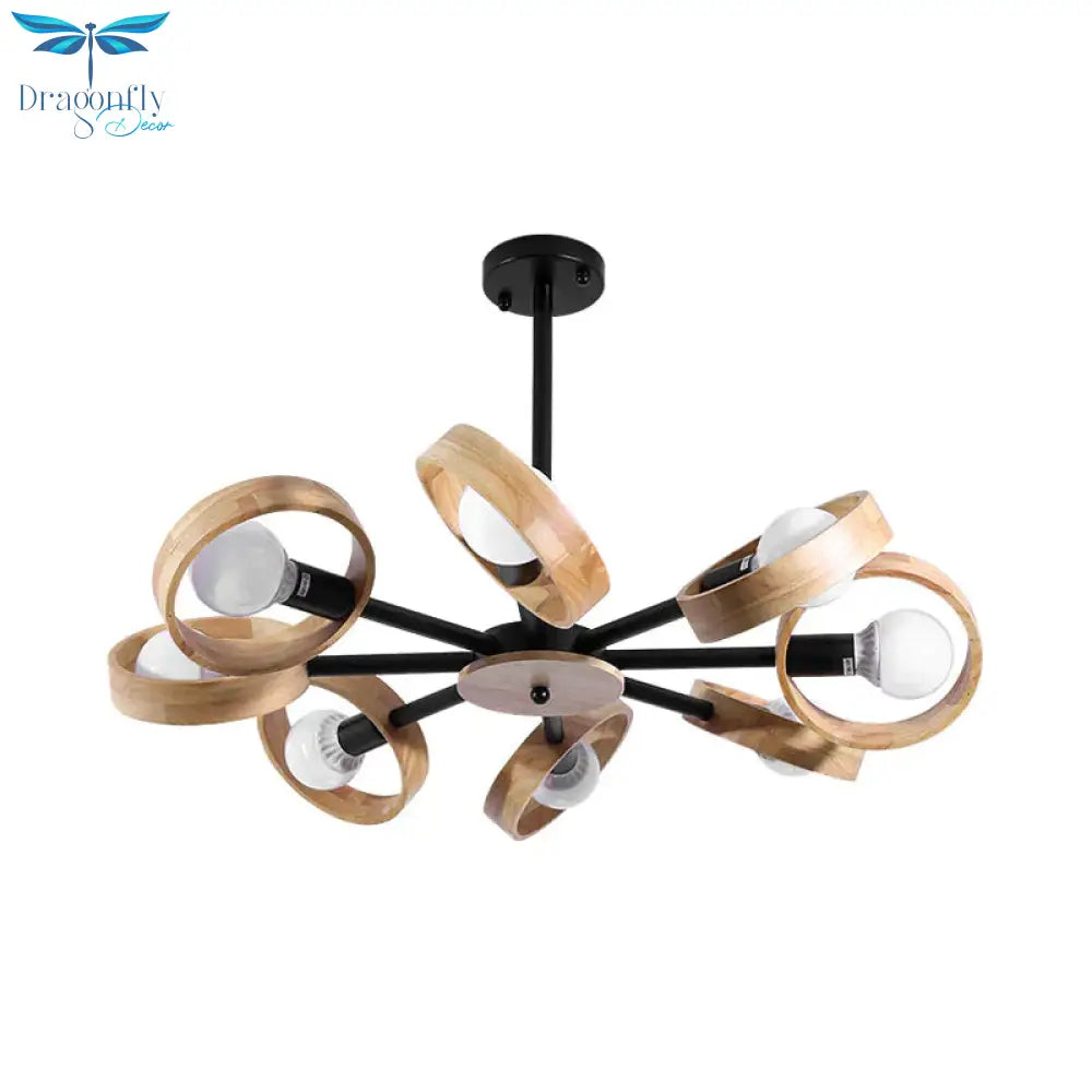3/6/8 Heads Round Chandelier Light Contemporary Wood Hanging Ceiling In Black/White For Living Room
