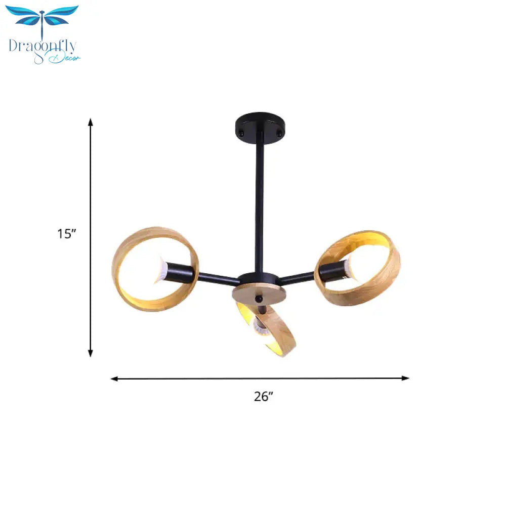 3/6/8 Heads Round Chandelier Light Contemporary Wood Hanging Ceiling In Black/White For Living Room