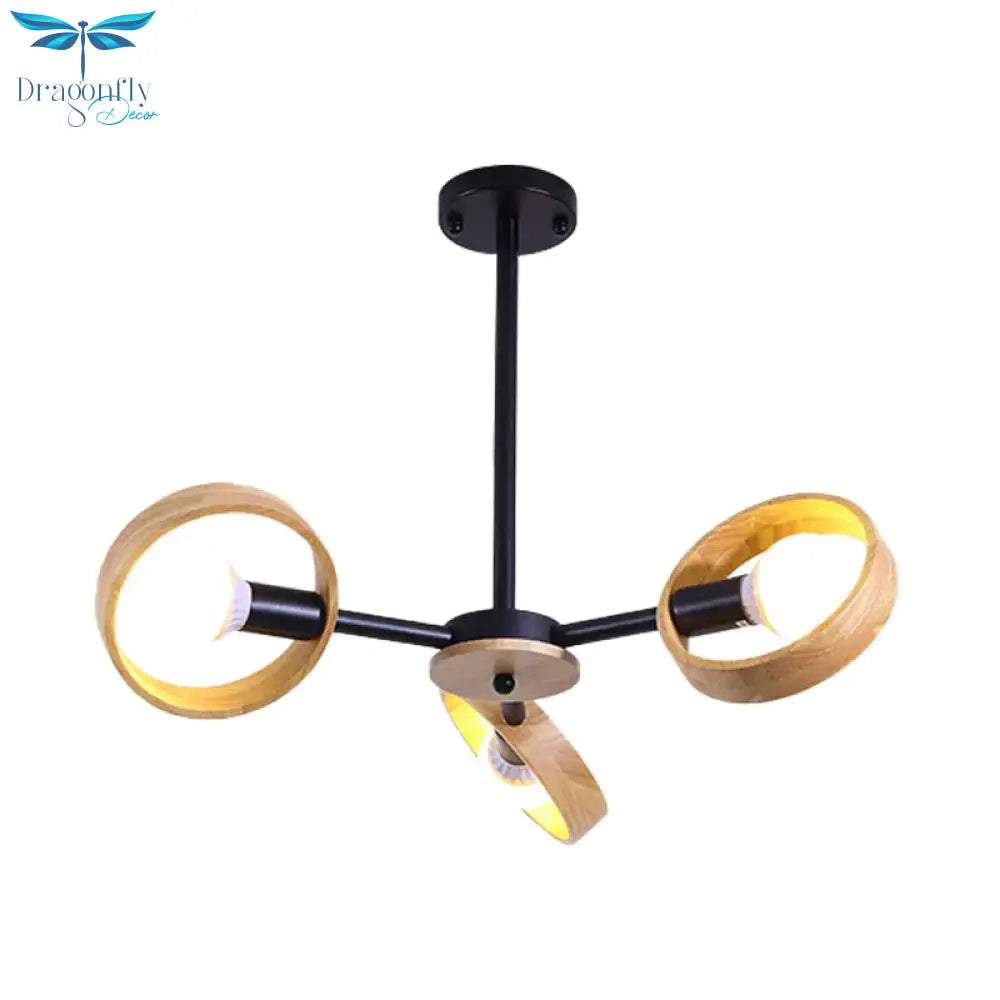 3/6/8 Heads Round Chandelier Light Contemporary Wood Hanging Ceiling In Black/White For Living Room