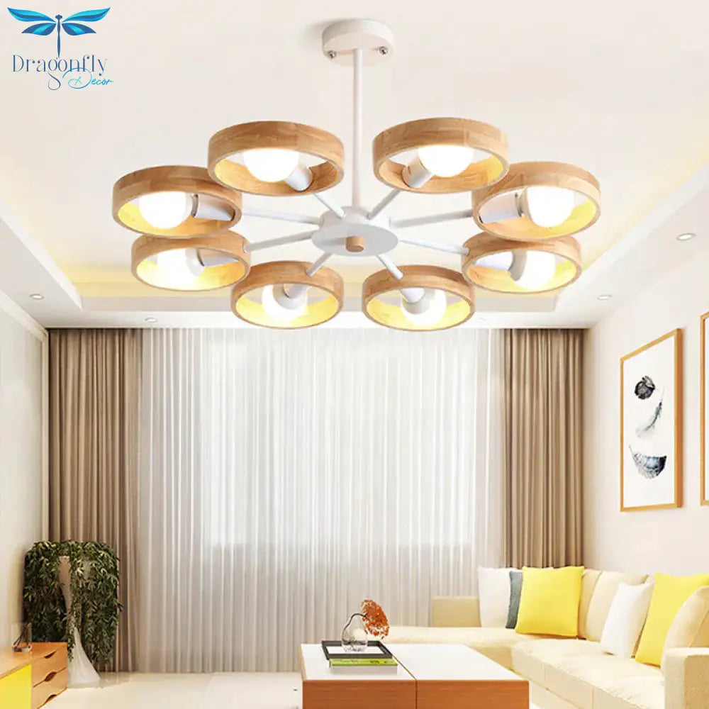 3/6/8 Heads Round Chandelier Light Contemporary Wood Hanging Ceiling In Black/White For Living Room