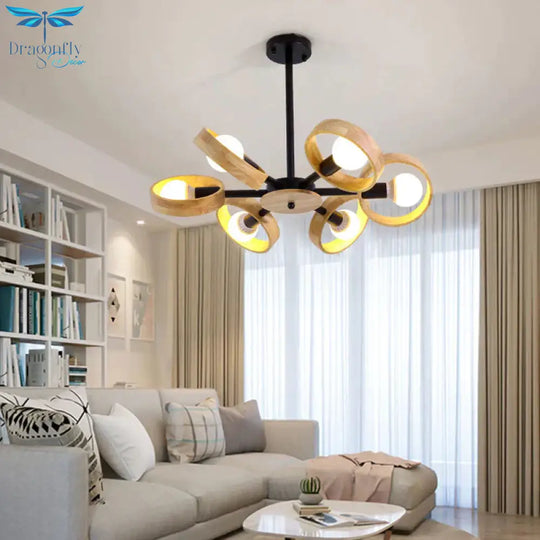 3/6/8 Heads Round Chandelier Light Contemporary Wood Hanging Ceiling In Black/White For Living Room