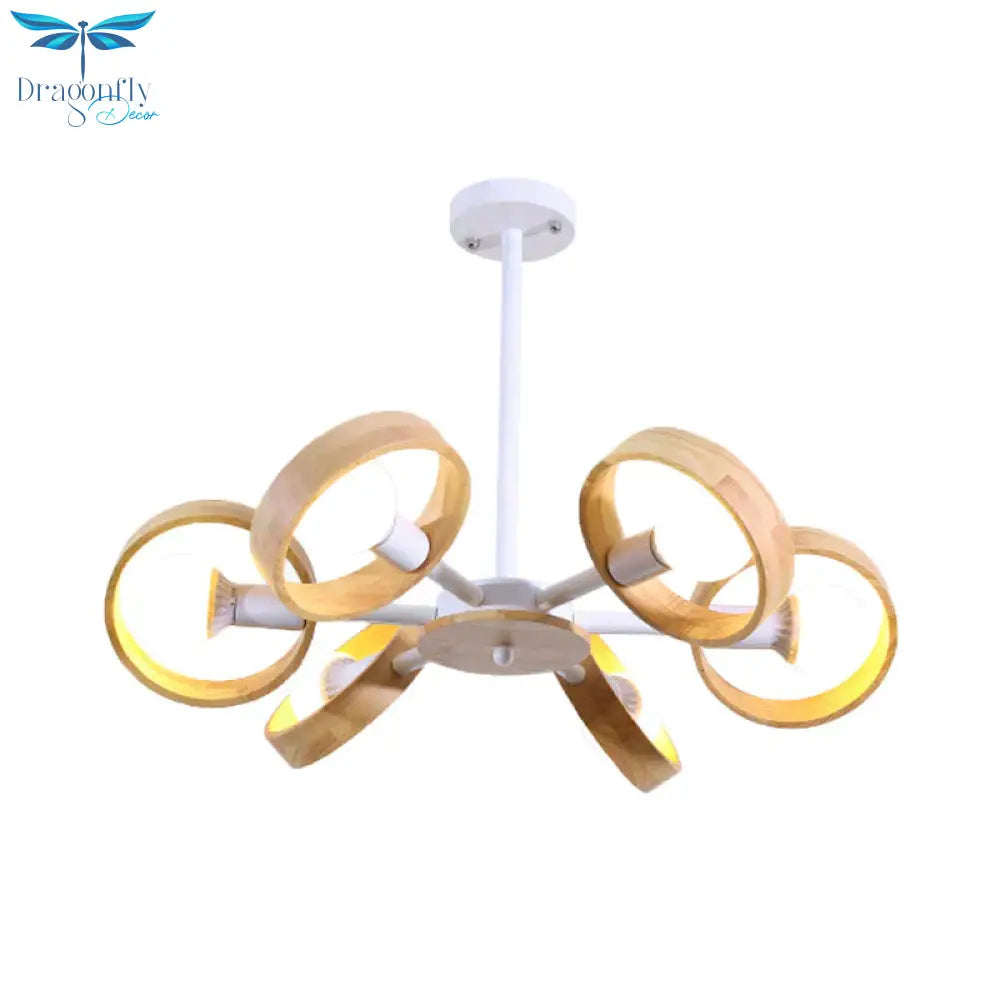 3/6/8 Heads Round Chandelier Light Contemporary Wood Hanging Ceiling In Black/White For Living Room