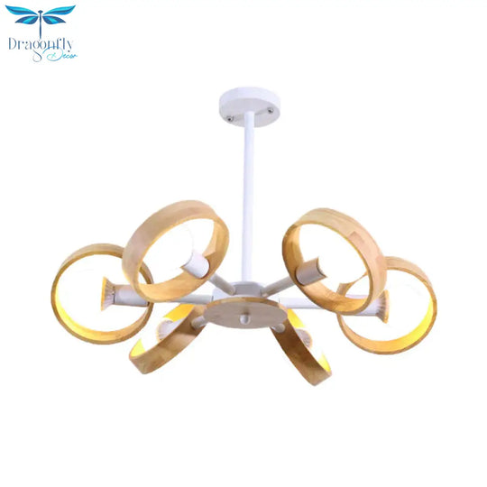 3/6/8 Heads Round Chandelier Light Contemporary Wood Hanging Ceiling In Black/White For Living Room