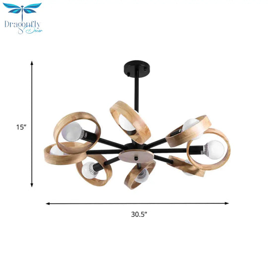 3/6/8 Heads Round Chandelier Light Contemporary Wood Hanging Ceiling In Black/White For Living Room