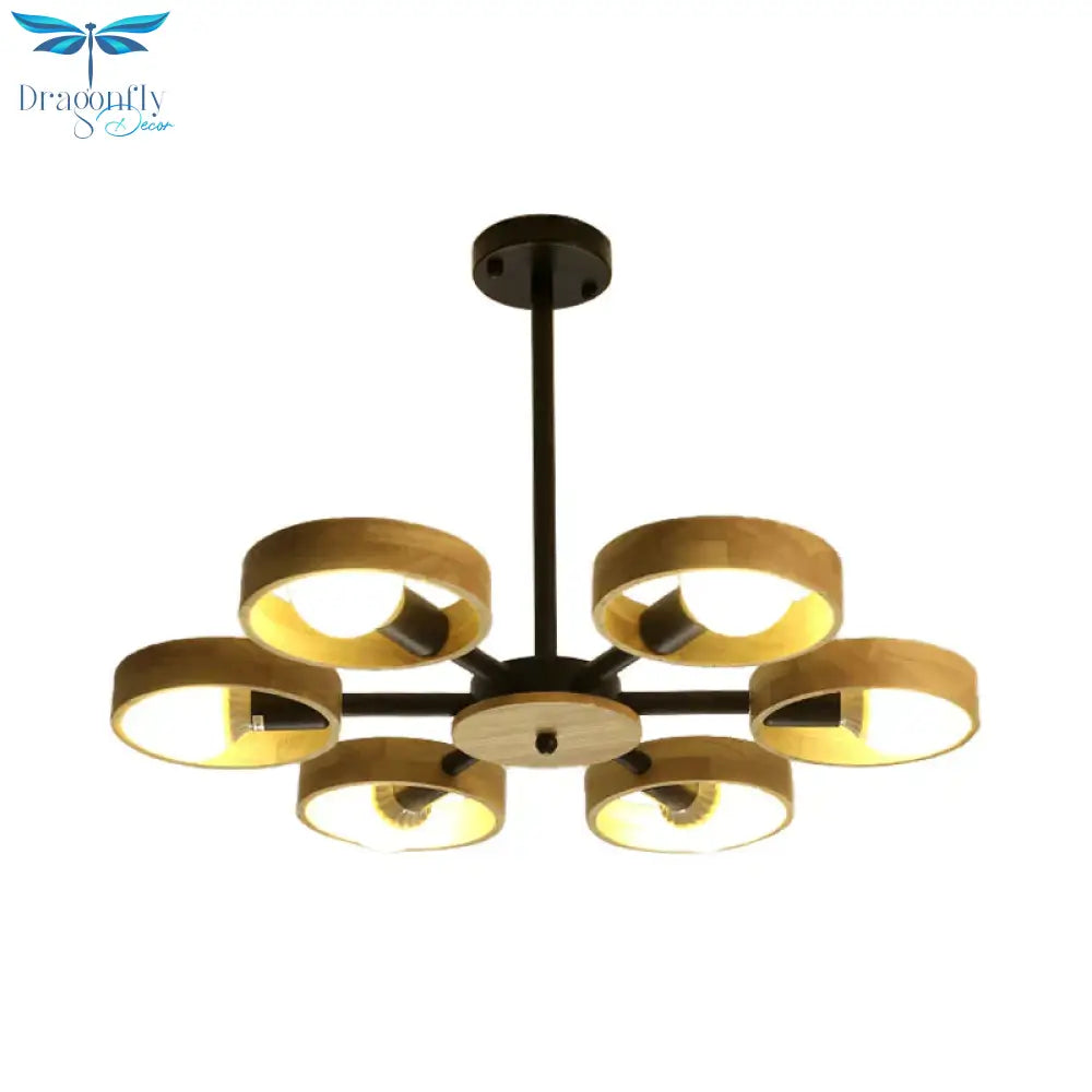 3/6/8 Heads Round Chandelier Light Contemporary Wood Hanging Ceiling In Black/White For Living Room