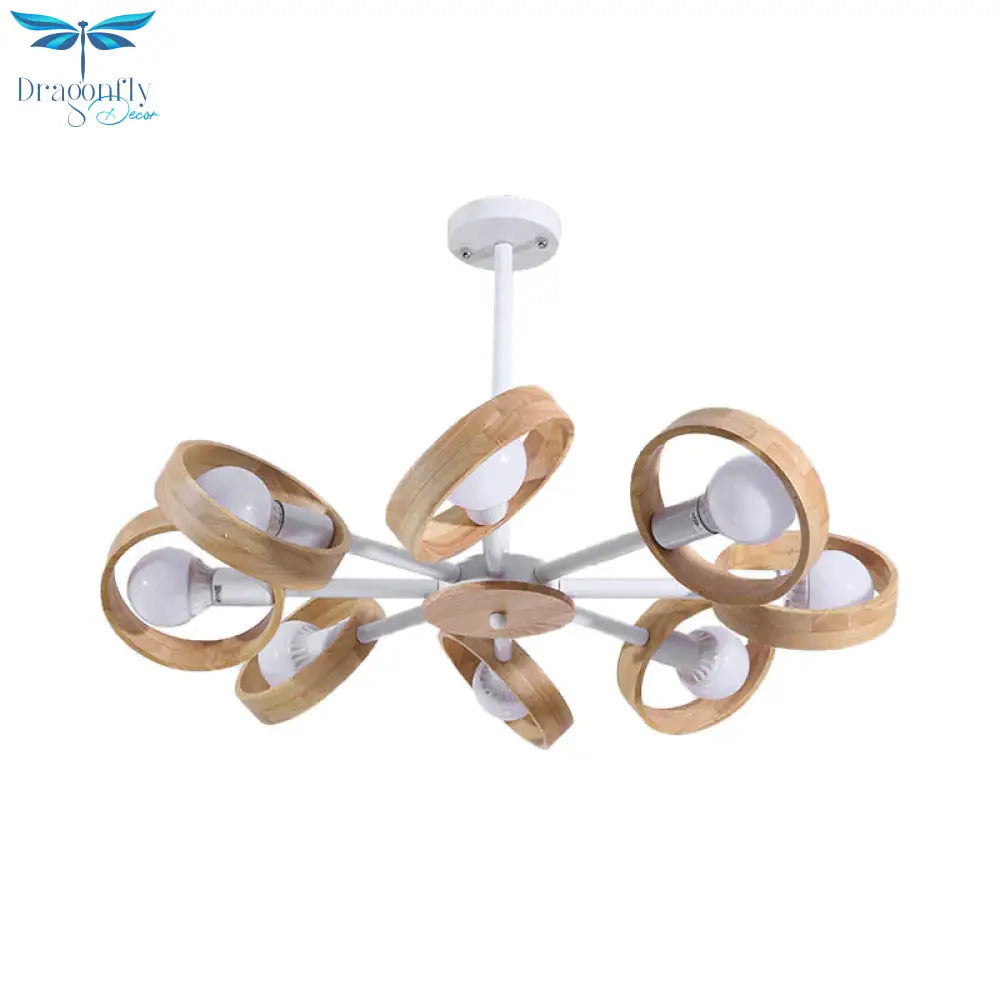 3/6/8 Heads Round Chandelier Light Contemporary Wood Hanging Ceiling In Black/White For Living Room