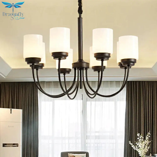 3/6/8 Lights Ceiling Light Traditional Cylinder Opal Glass Hanging Chandelier In Black For Living