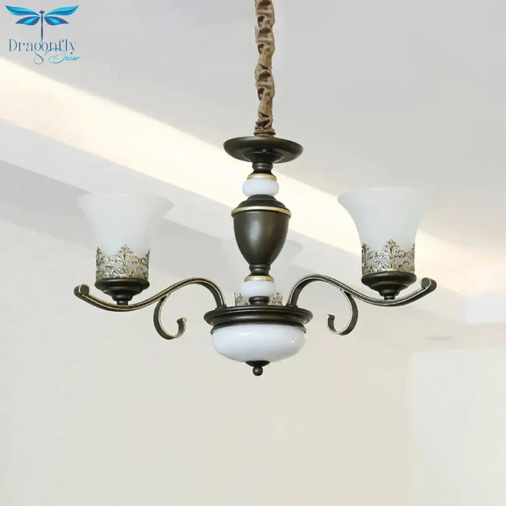 3/6/8 Lights Ceiling Suspension Lamp Rustic Style Bell Shade Cream Glass Chandelier Lighting In