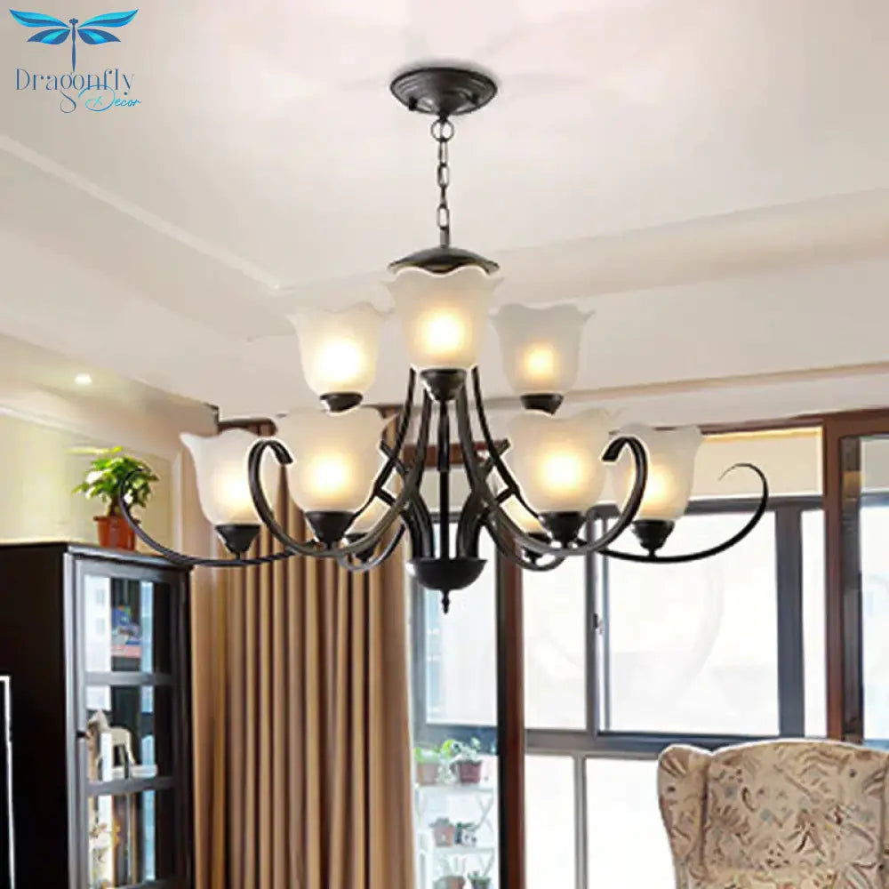 3/6/8 Lights Flared Chandelier Traditional Pewter Frosted Glass Pendant Light Fixture For Living