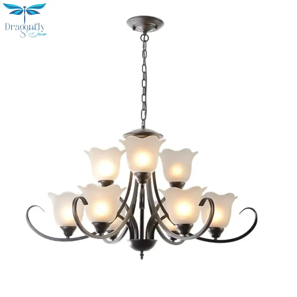 3/6/8 Lights Flared Chandelier Traditional Pewter Frosted Glass Pendant Light Fixture For Living