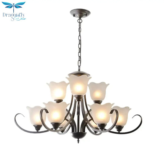 3/6/8 Lights Flared Chandelier Traditional Pewter Frosted Glass Pendant Light Fixture For Living