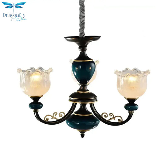 3/6 Bulbs Blossom Hanging Light Kit Classic Black Finish Clear Ribbed Glass Pendant Chandelier