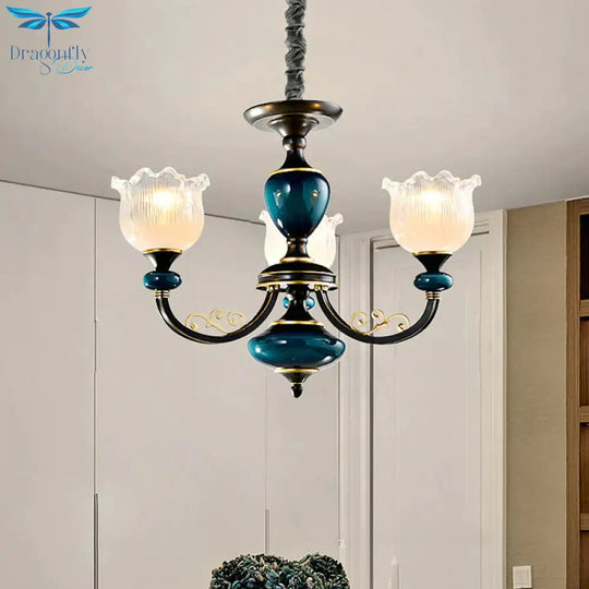 3/6 Bulbs Blossom Hanging Light Kit Classic Black Finish Clear Ribbed Glass Pendant Chandelier