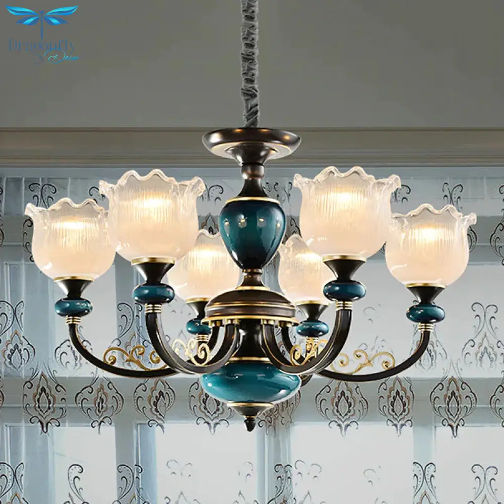 3/6 Bulbs Blossom Hanging Light Kit Classic Black Finish Clear Ribbed Glass Pendant Chandelier