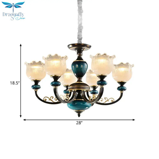 3/6 Bulbs Blossom Hanging Light Kit Classic Black Finish Clear Ribbed Glass Pendant Chandelier