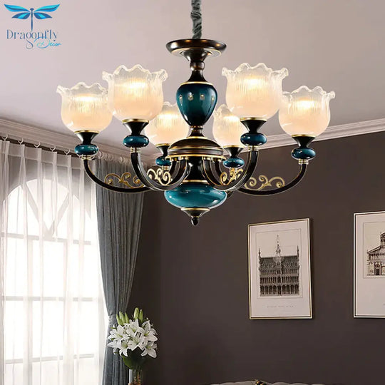 3/6 Bulbs Blossom Hanging Light Kit Classic Black Finish Clear Ribbed Glass Pendant Chandelier