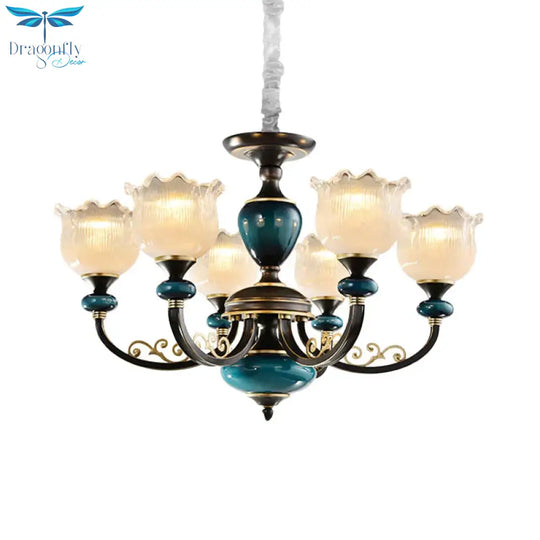 3/6 Bulbs Blossom Hanging Light Kit Classic Black Finish Clear Ribbed Glass Pendant Chandelier