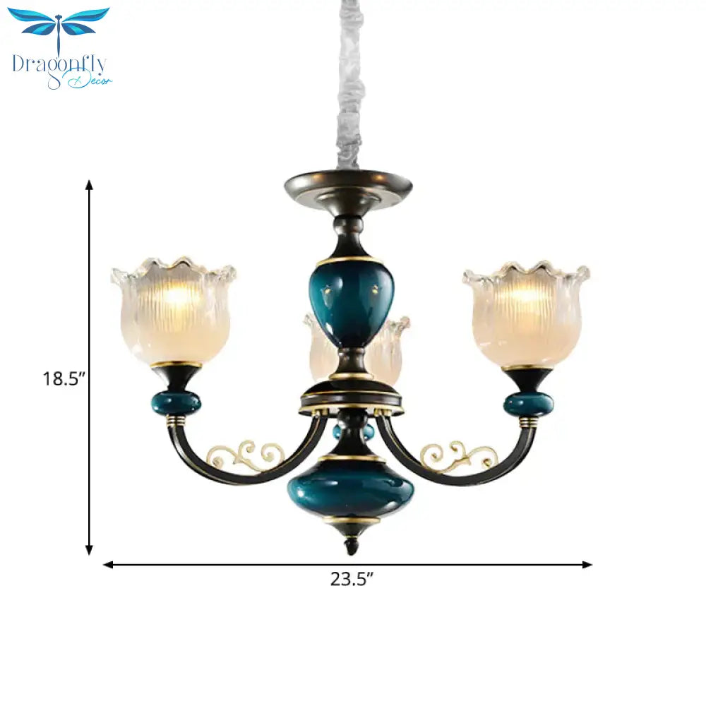 3/6 Bulbs Blossom Hanging Light Kit Classic Black Finish Clear Ribbed Glass Pendant Chandelier