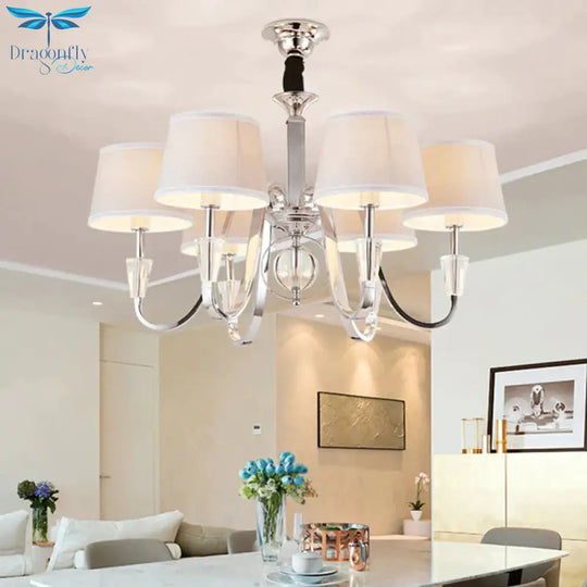 3/6 Bulbs Cone Chandelier Light Classic White Fabric Hanging Ceiling Fixture For Bedroom