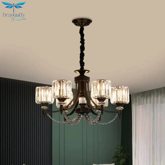 3/6 Bulbs Suspension Light Traditional Cylindrical Shade Clear Crystal Ceiling Chandelier With