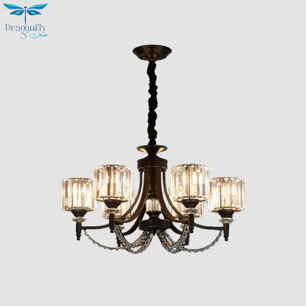 3/6 Bulbs Suspension Light Traditional Cylindrical Shade Clear Crystal Ceiling Chandelier With