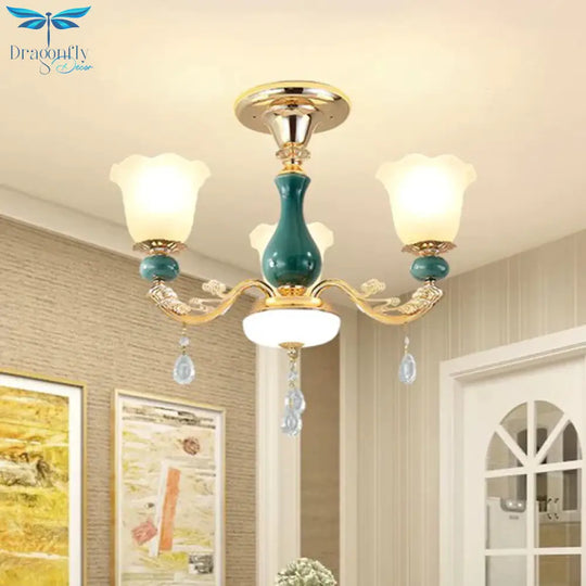 3/6 Bulbs Up Suspension Lamp Classic Flower Opal Glass Pendant Chandelier With Scrolled Arm In