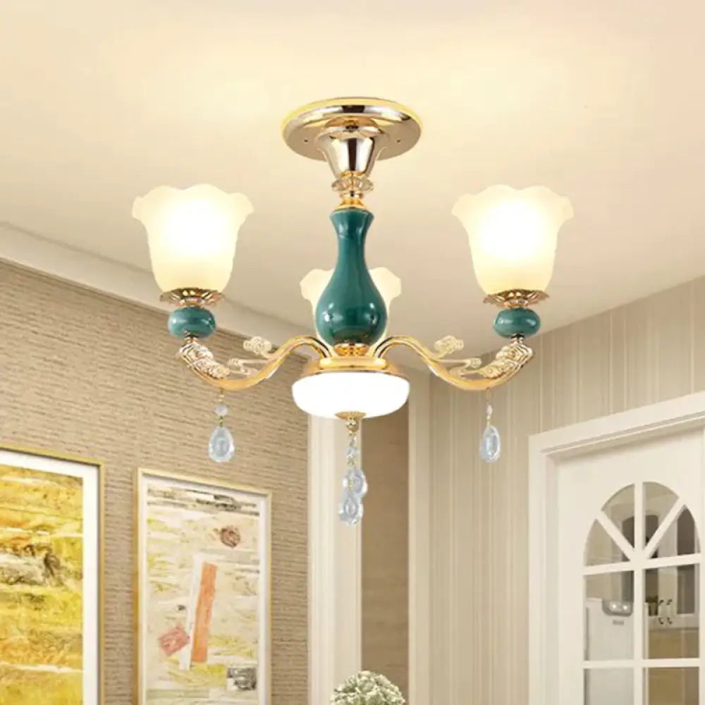 3/6 Bulbs Up Suspension Lamp Classic Flower Opal Glass Pendant Chandelier With Scrolled Arm In