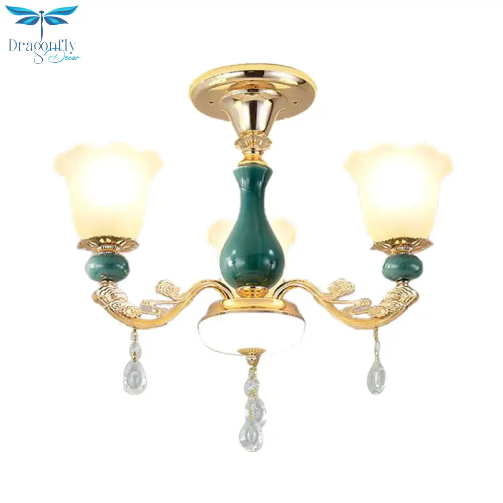 3/6 Bulbs Up Suspension Lamp Classic Flower Opal Glass Pendant Chandelier With Scrolled Arm In