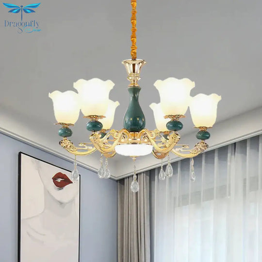 3/6 Bulbs Up Suspension Lamp Classic Flower Opal Glass Pendant Chandelier With Scrolled Arm In