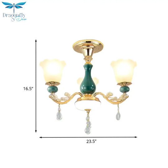 3/6 Bulbs Up Suspension Lamp Classic Flower Opal Glass Pendant Chandelier With Scrolled Arm In