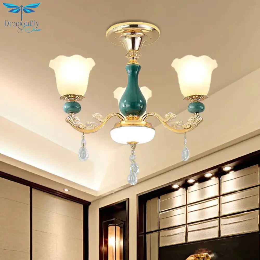 3/6 Bulbs Up Suspension Lamp Classic Flower Opal Glass Pendant Chandelier With Scrolled Arm In