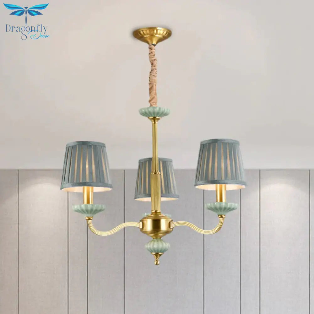 3/6 - Head Fabric Chandelier Lighting Traditional Brass Pleated Shade Bedroom Drop Pendant With
