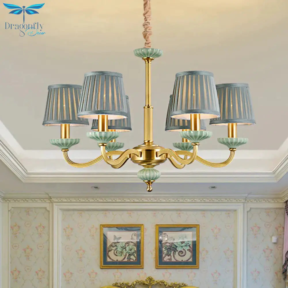 3/6 - Head Fabric Chandelier Lighting Traditional Brass Pleated Shade Bedroom Drop Pendant With