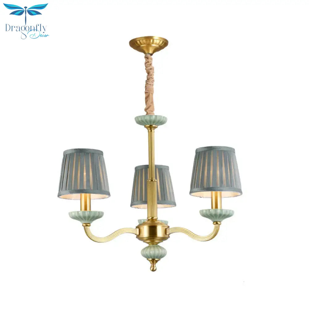 3/6 - Head Fabric Chandelier Lighting Traditional Brass Pleated Shade Bedroom Drop Pendant With