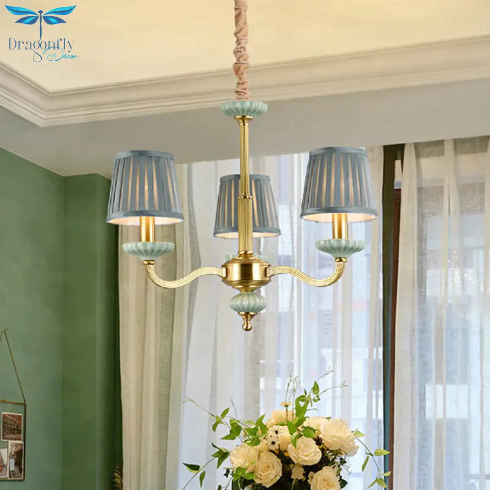 3/6 - Head Fabric Chandelier Lighting Traditional Brass Pleated Shade Bedroom Drop Pendant With