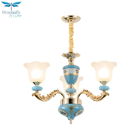 3/6 - Head Opaline Glass Ceiling Chandelier Vintage Blue Floral Shape Dining Room Pendant Light
