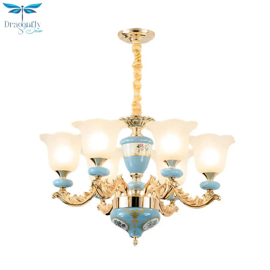 3/6 - Head Opaline Glass Ceiling Chandelier Vintage Blue Floral Shape Dining Room Pendant Light