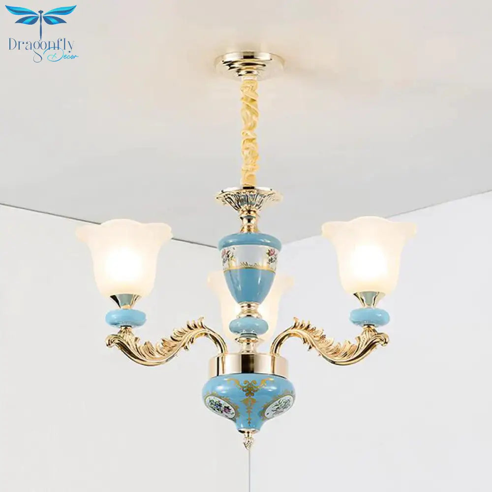 3/6 - Head Opaline Glass Ceiling Chandelier Vintage Blue Floral Shape Dining Room Pendant Light