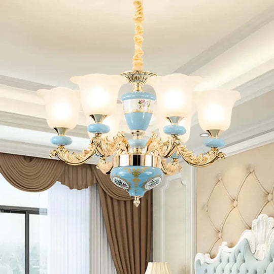 3/6 - Head Opaline Glass Ceiling Chandelier Vintage Blue Floral Shape Dining Room Pendant Light