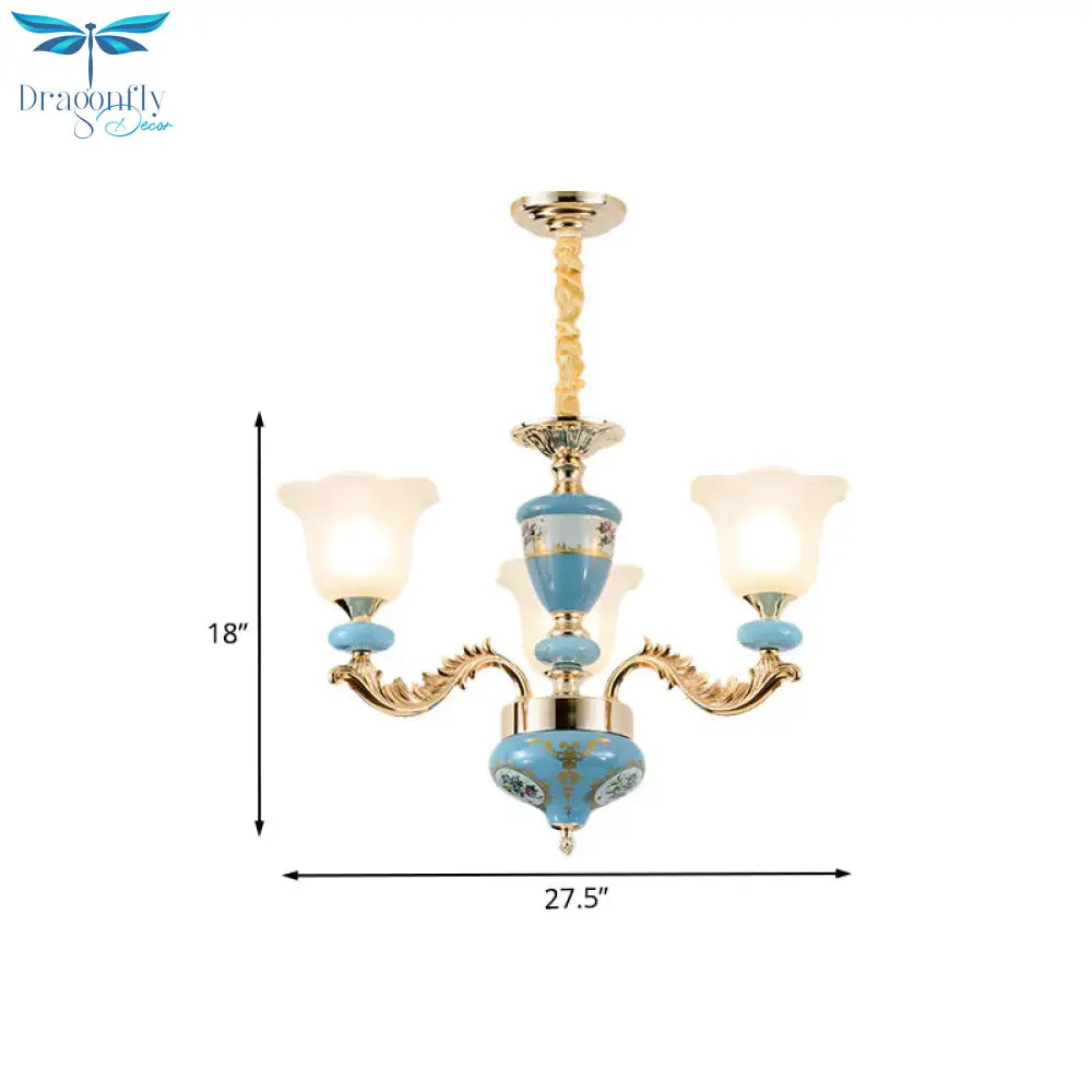 3/6 - Head Opaline Glass Ceiling Chandelier Vintage Blue Floral Shape Dining Room Pendant Light