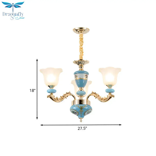 3/6 - Head Opaline Glass Ceiling Chandelier Vintage Blue Floral Shape Dining Room Pendant Light